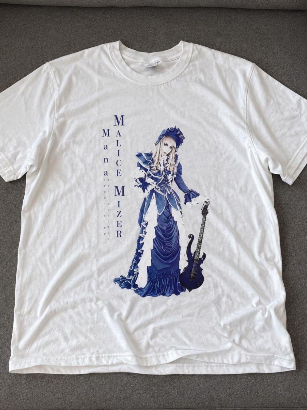 Gildan White Tee with Blue Gothic Doll & Guitar Graphic